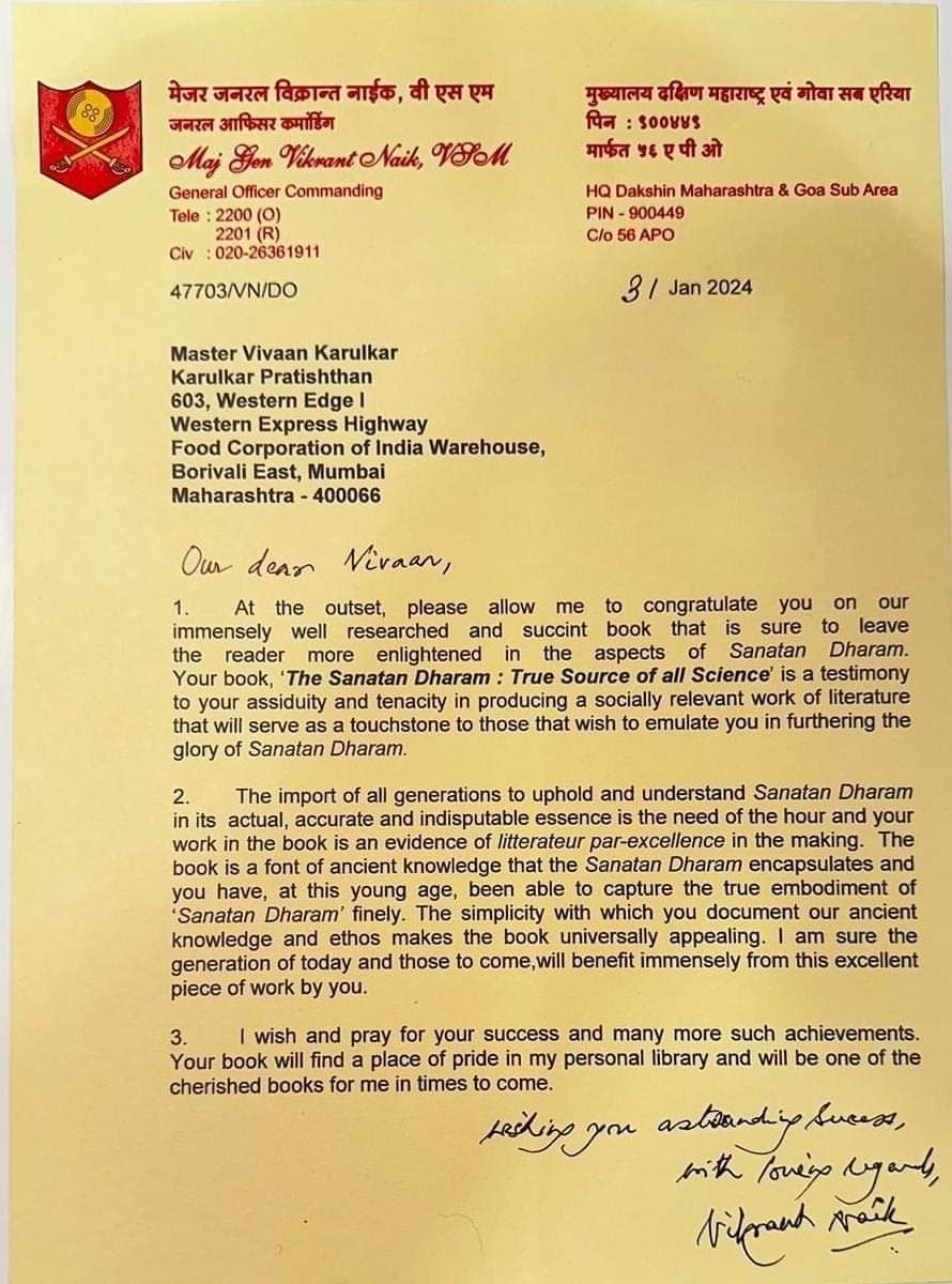 Letter of appreciation from Major General Vikrant Naik